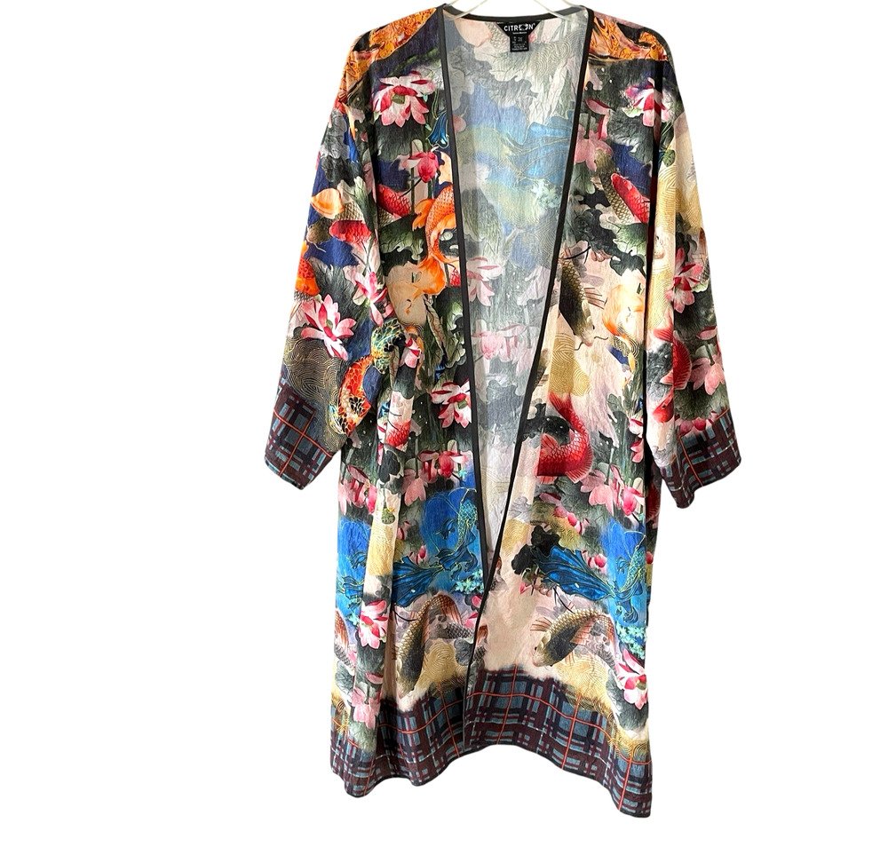 CITRON SANTA MONICA Women's Size 3X Multicolor Koi Fish Open Kimono Long Duster